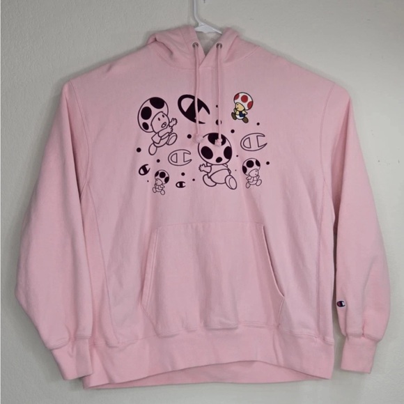 Champion X Super Mario Bros Reverse Weave Hoodie Toad Pink Mushrooms XL